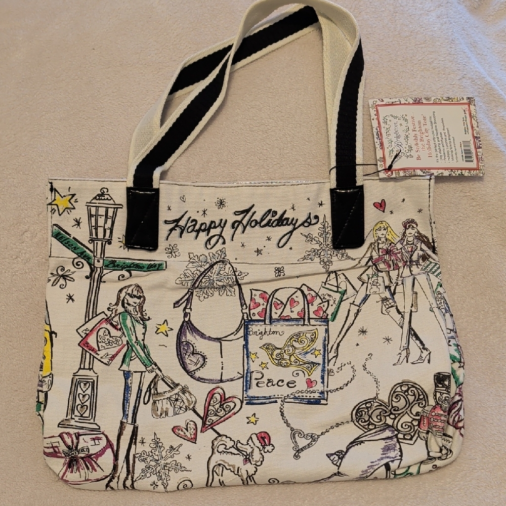 Brighton White Canvas Holiday Tote with Black Straps